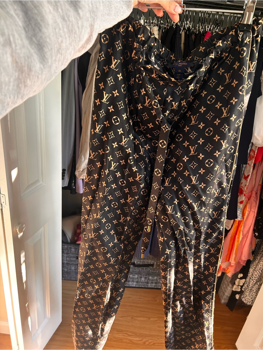 Louis Vuitton Black and Gold Monogram Satin pajama pants